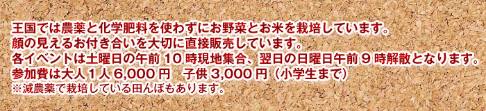 毎月一回の誰でも参加できる農的イベントを開催しています。 お一人でも、ファミリーでもお気軽にご参加ください。（事前予約が必要です。） ※日程は天候により変更することもありますのでご確認ください。